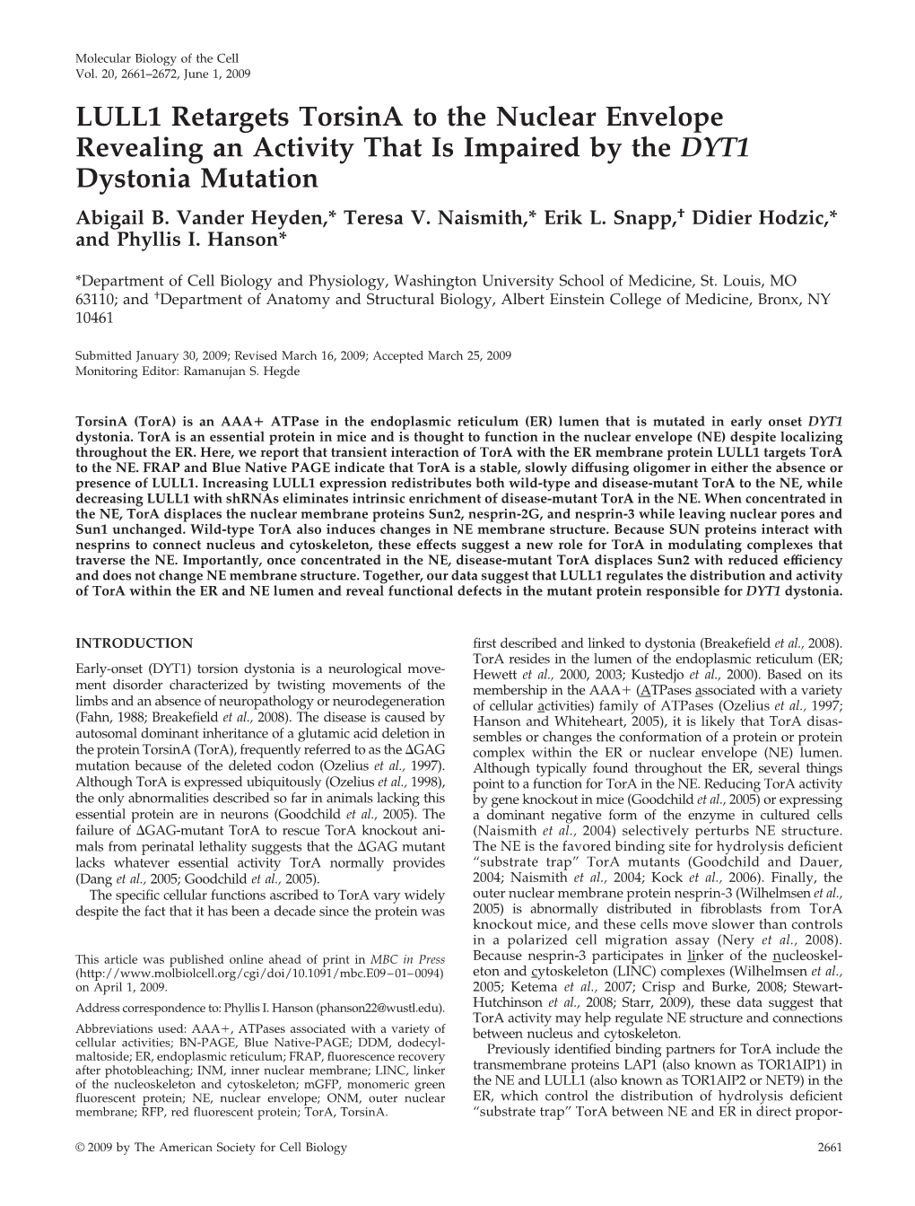 LULL1 Retargets Torsina to the Nuclear Envelope Revealing an Activity That Is Impaired by the DYT1 Dystonia Mutation Abigail B