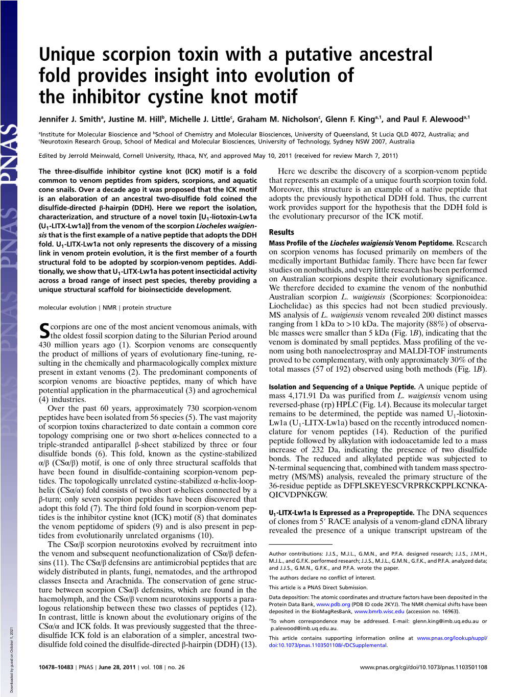 Unique Scorpion Toxin with a Putative Ancestral Fold Provides Insight Into Evolution of the Inhibitor Cystine Knot Motif