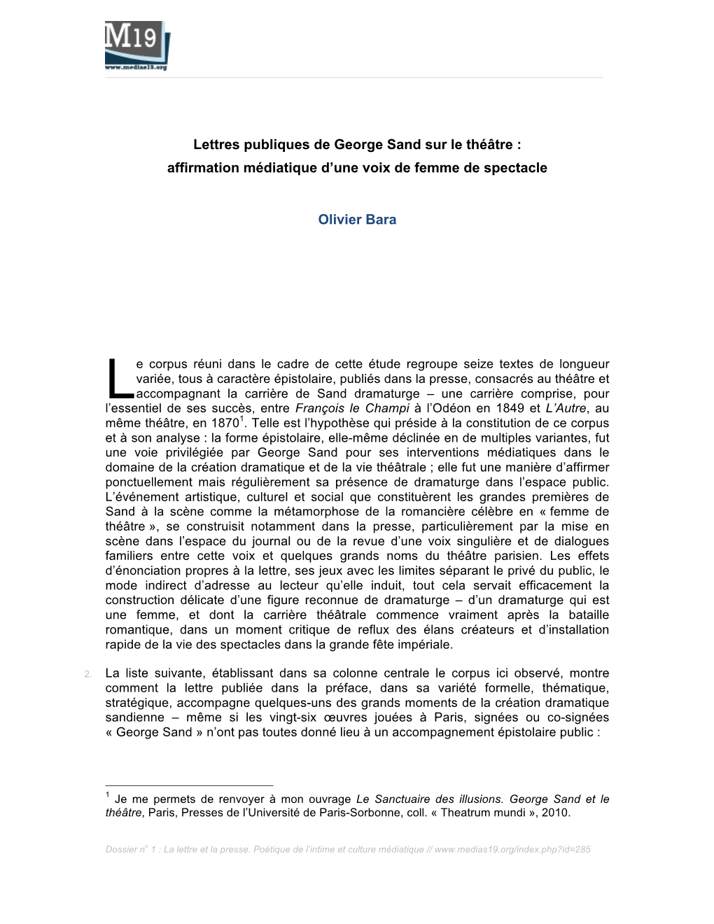 Lettres Publiques De George Sand Sur Le Théâtre : Affirmation Médiatique D’Une Voix De Femme De Spectacle