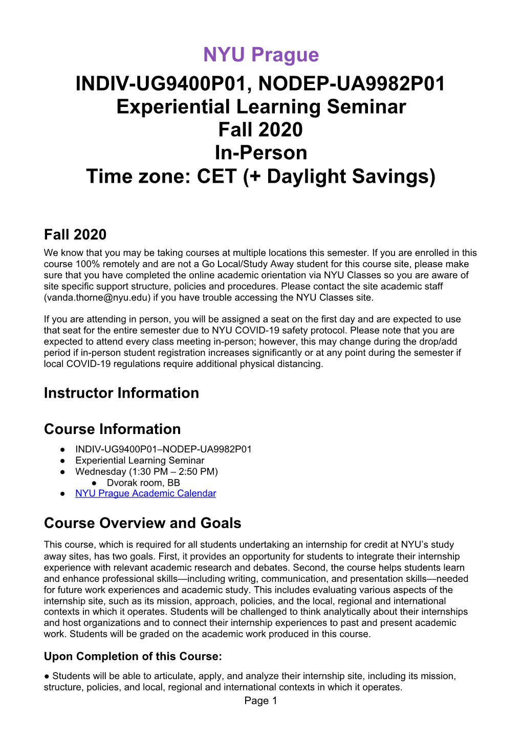 Experiential Learning Seminar Fall 2020 In-Person Time Zone: CET (+ Daylight Savings)