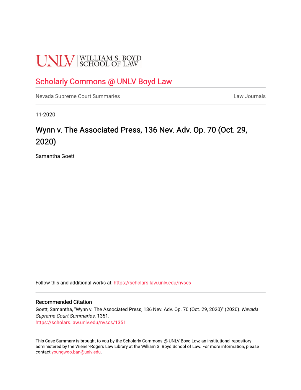 Wynn V. the Associated Press, 136 Nev. Adv. Op. 70 (Oct. 29, 2020)