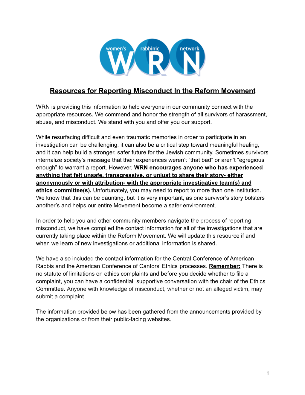 WRN's Resources for Reporting Misconduct in the Reform Movement