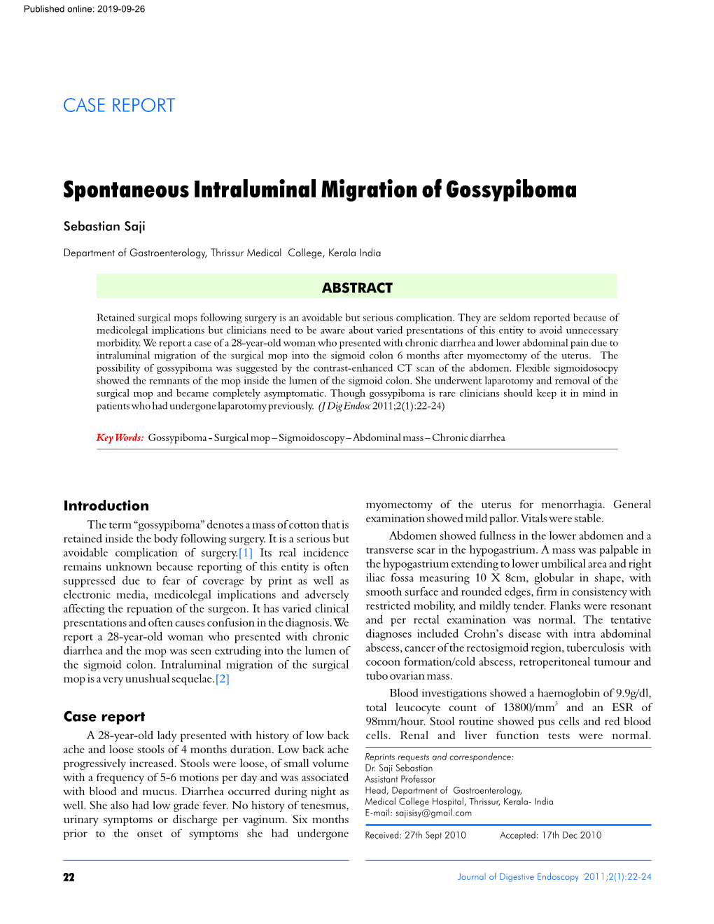 Spontaneous Intraluminal Migration of Gossypiboma