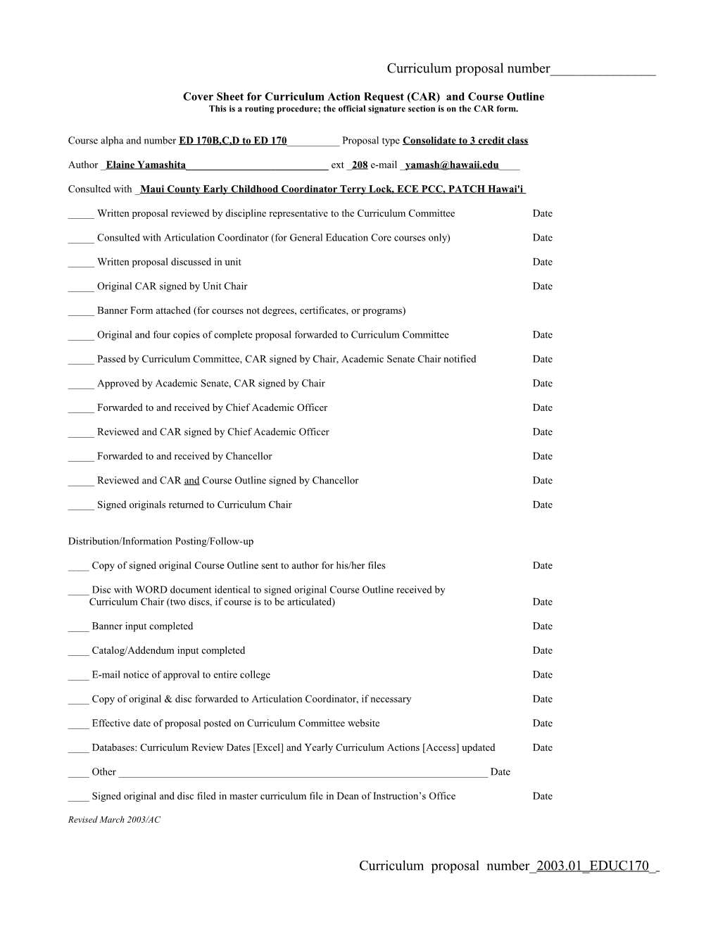 Curriculum Action Request (CAR) (Form 4-93) - Maui Community College