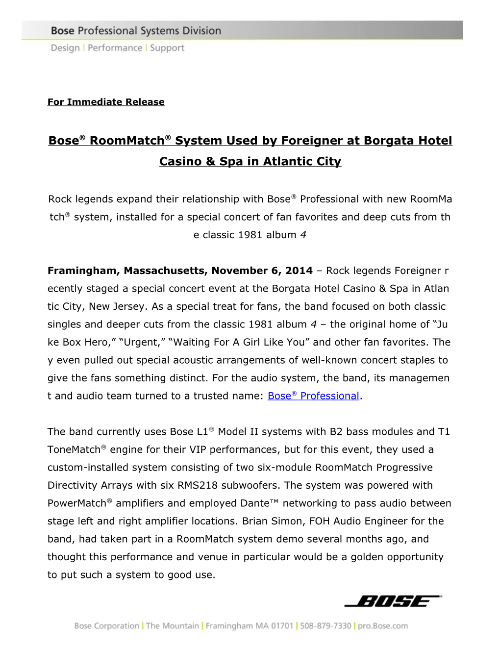 Bose Roommatch System Used by Foreigner at Borgata Hotel Casino & Spa in Atlantic City