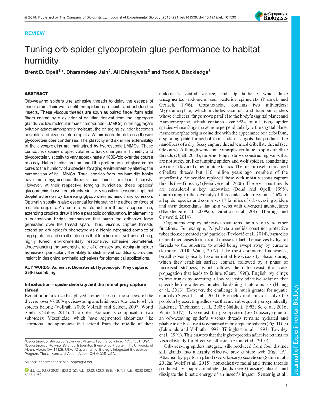 Tuning Orb Spider Glycoprotein Glue Performance to Habitat Humidity Brent D