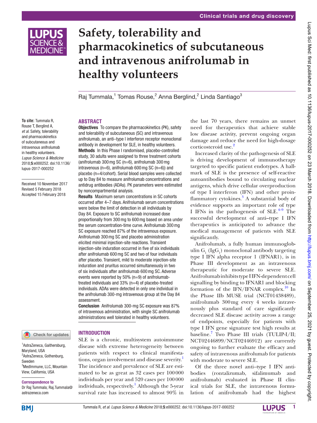 Safety, Tolerability and Pharmacokinetics of Subcutaneous and Intravenous Anifrolumab in Healthy Volunteers