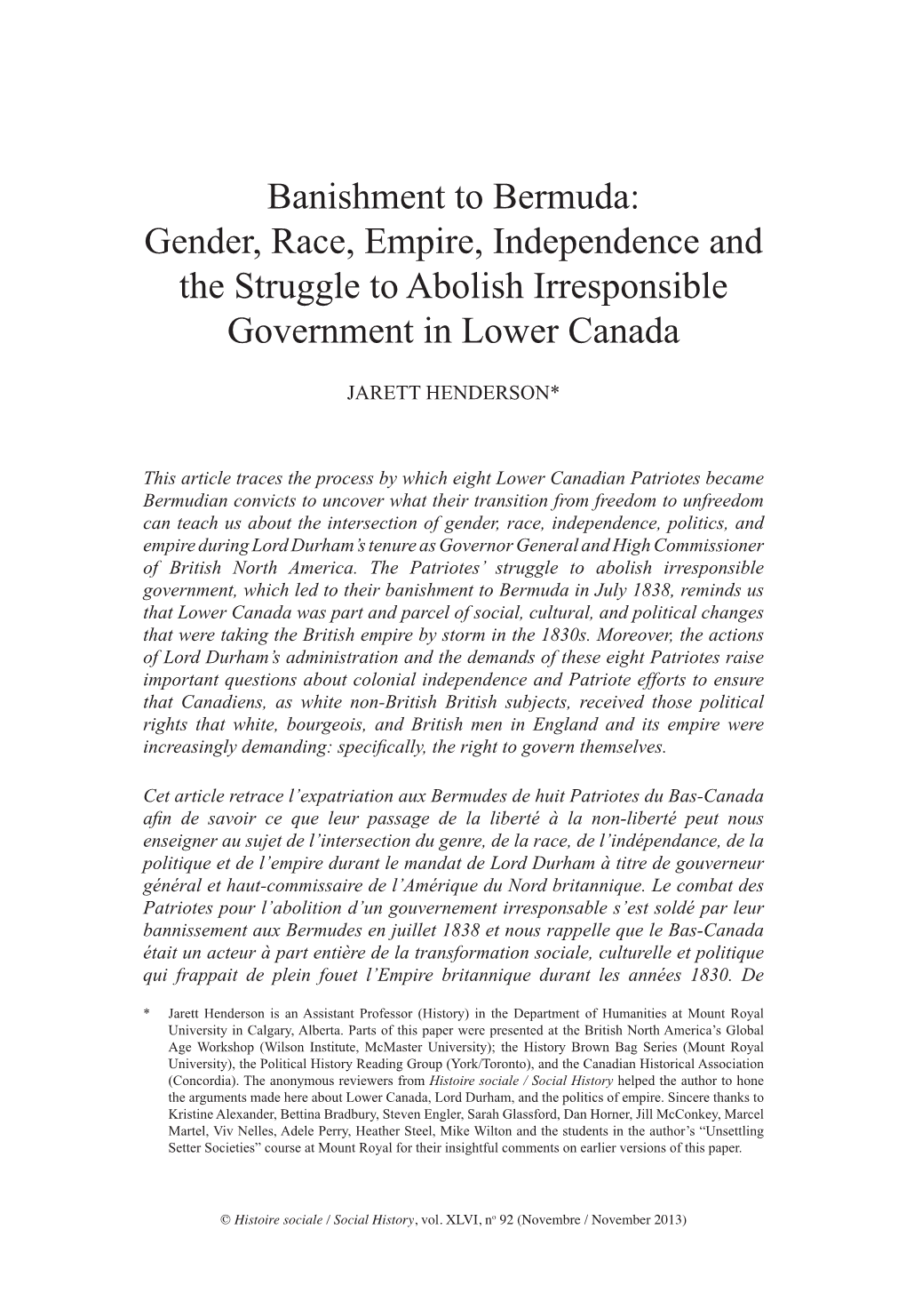 Banishment to Bermuda: Gender, Race, Empire, Independence and the Struggle to Abolish Irresponsible Government in Lower Canada