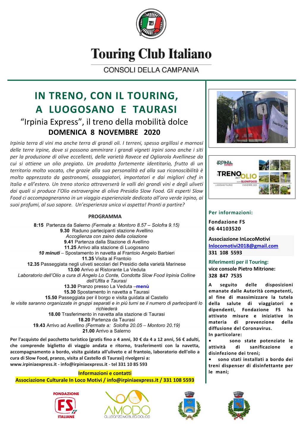 IN TRENO, CON IL TOURING, a LUOGOSANO E TAURASI “Irpinia Express”, Il Treno Della Mobilità Dolce DOMENICA 8 NOVEMBRE 2020