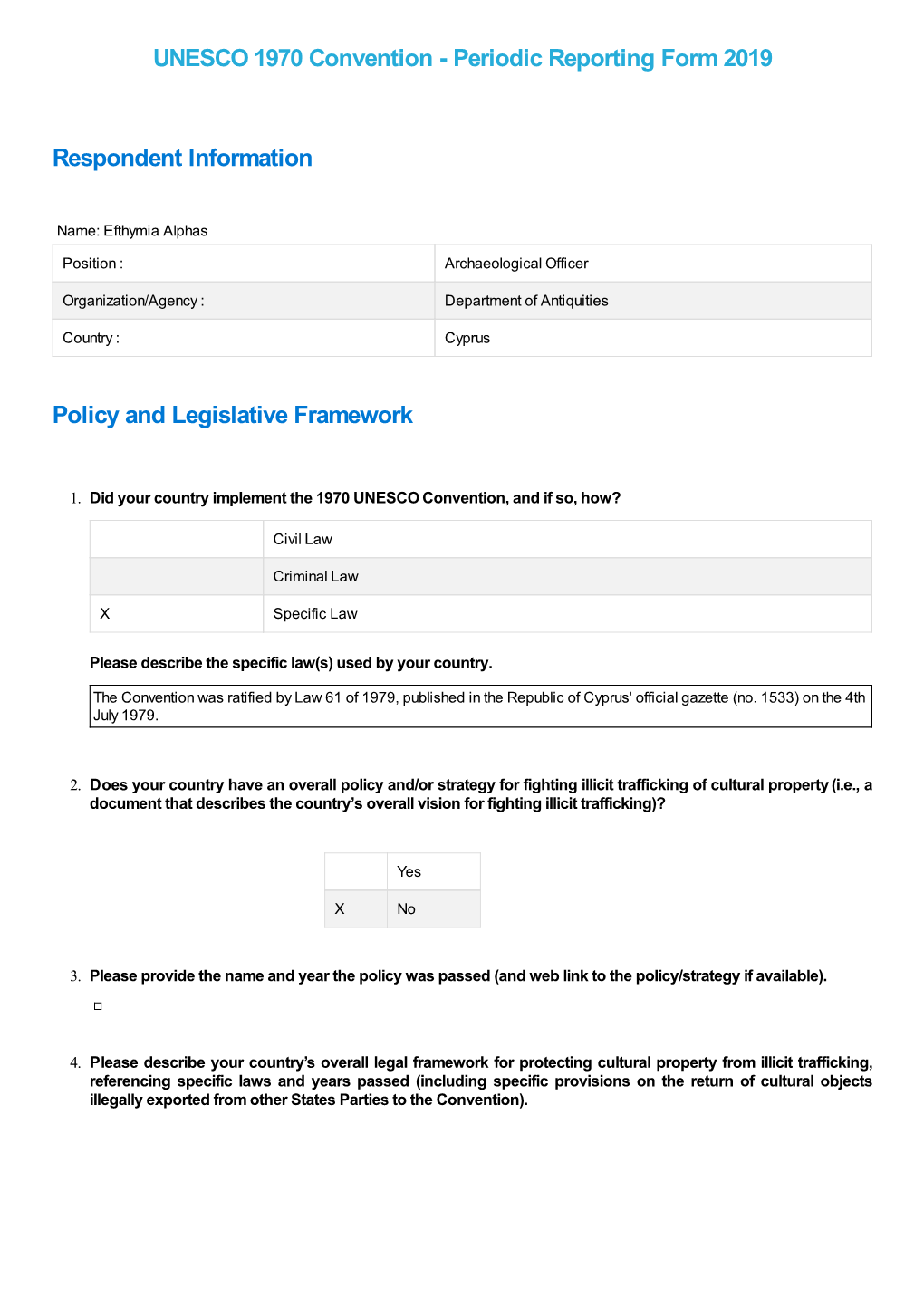 UNESCO 1970 Convention - Periodic Reporting Form 2019