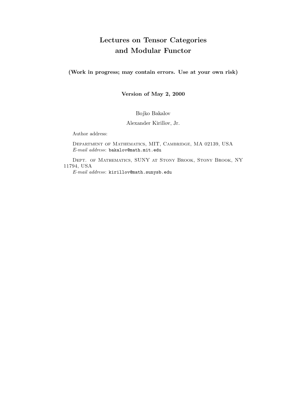 Lectures on Tensor Categories and Modular Functor