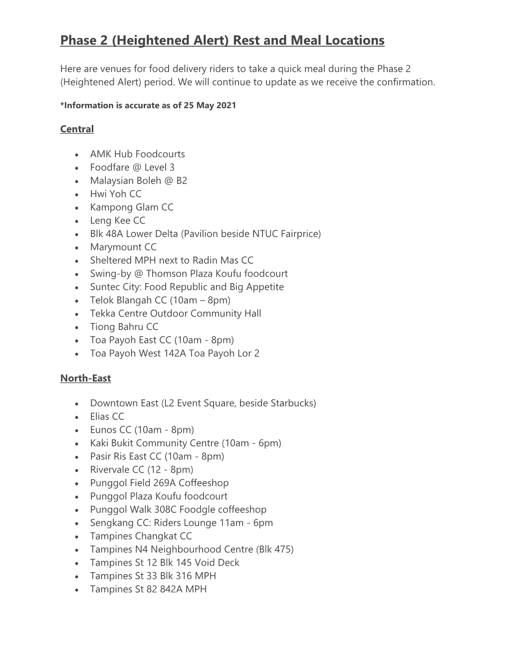 Heightened Alert) Rest and Meal Locations