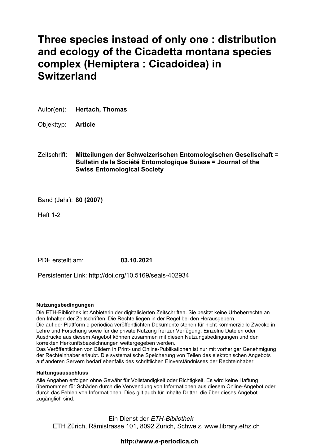 Distribution and Ecology of the Cicadetta Montana Species Complex (Hemiptera : Cicadoidea) in Switzerland