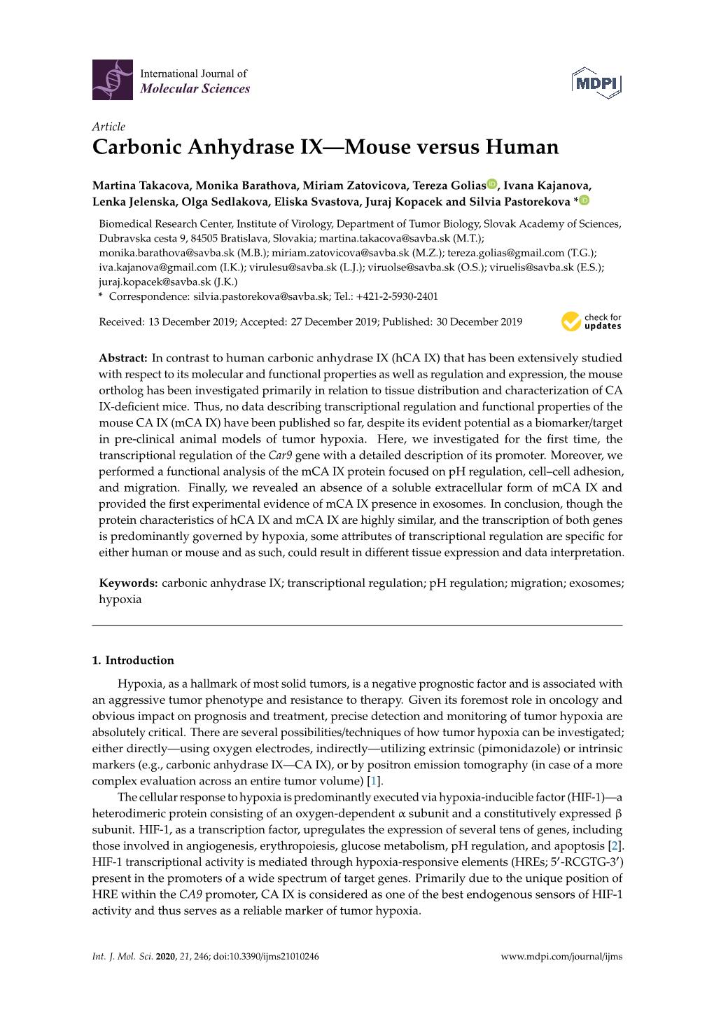 Carbonic Anhydrase IX—Mouse Versus Human