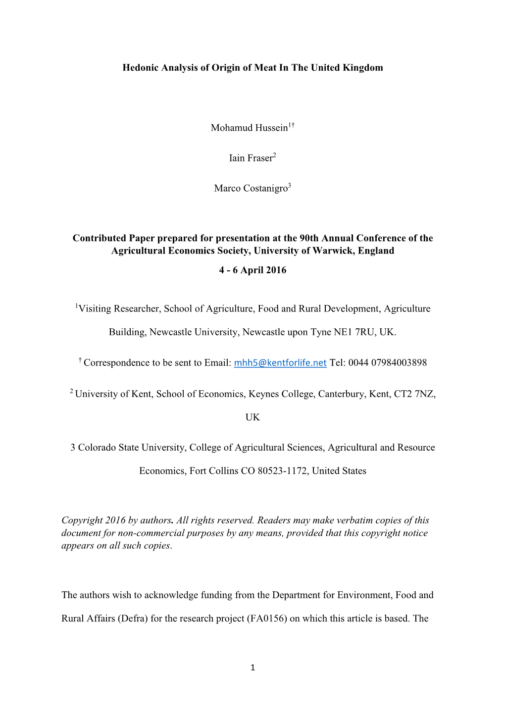 Hedonic Analysis of Origin of Meat in the United Kingdom Mohamud