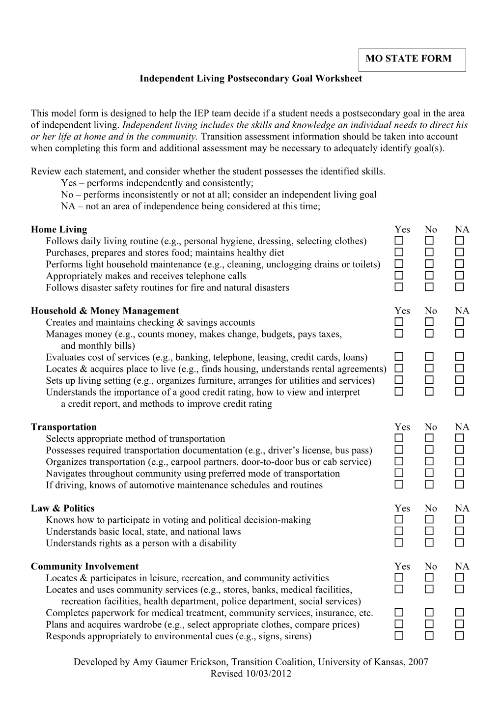 Independent Living Postsecondary Goal Decision Assistance Form