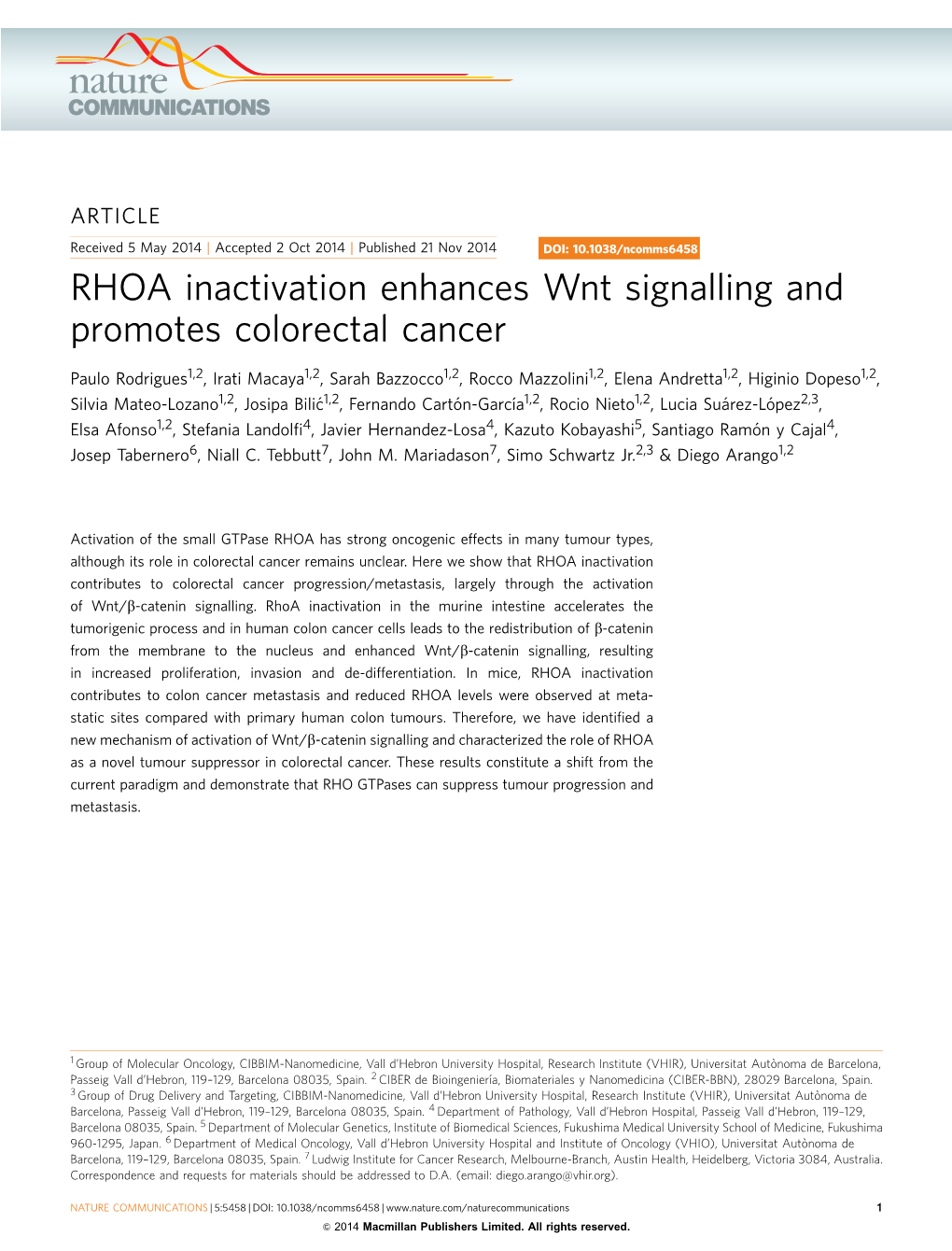 RHOA Inactivation Enhances Wnt Signalling and Promotes Colorectal Cancer