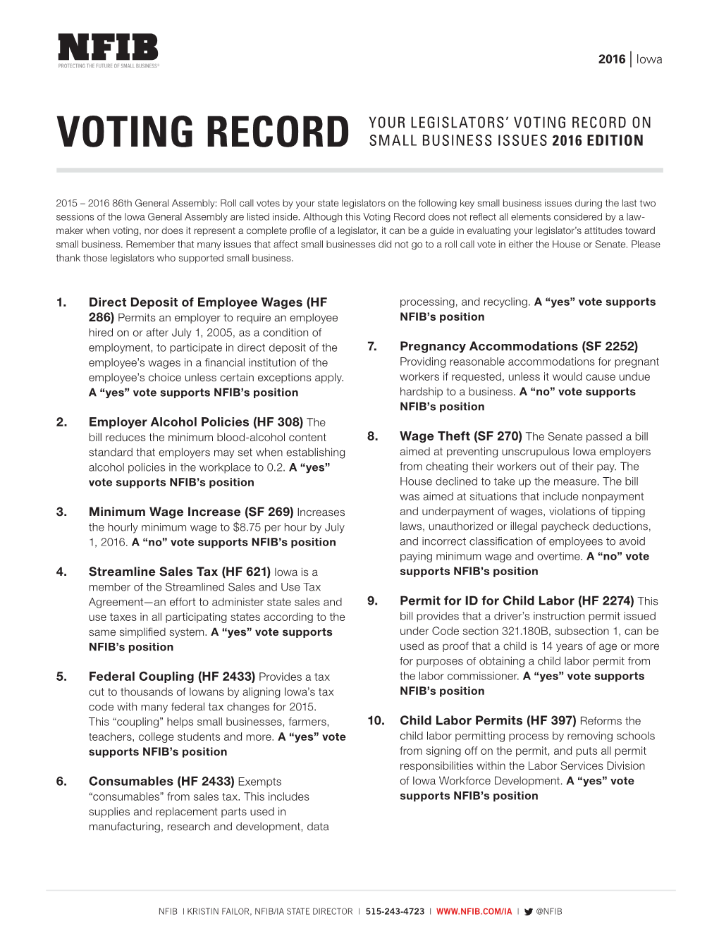 Voting Record on Voting Record Small Business Issues 2016 Edition