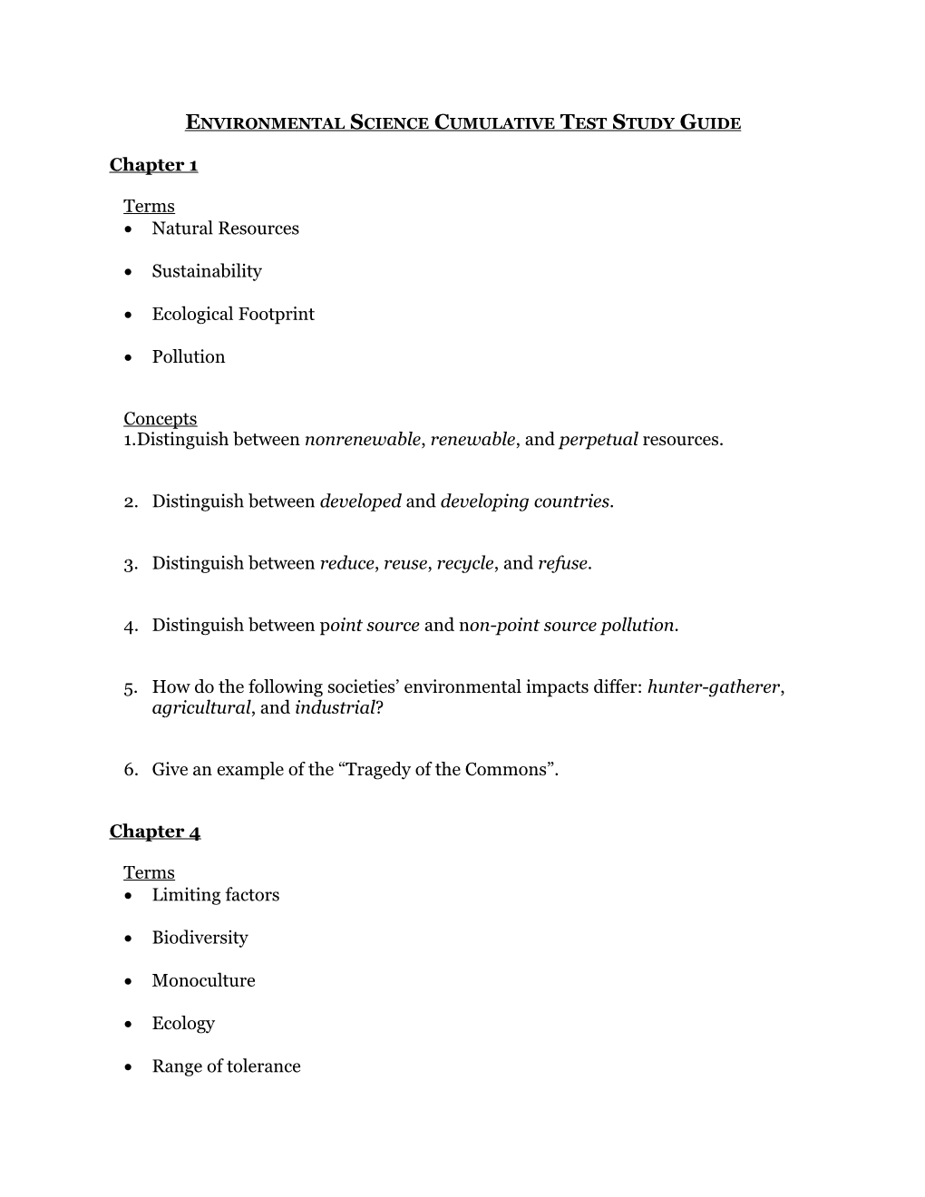 Environmental Science Cumulative Test Study Guide