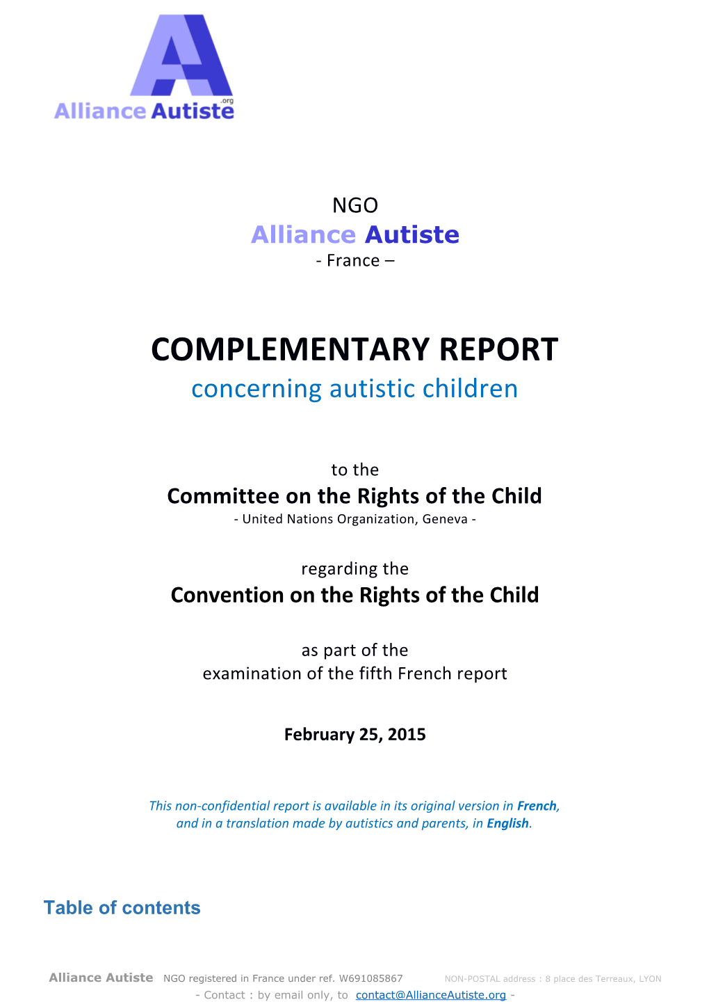 NGO Alliance Autiste Complementary Report Autistic Children France OHCHR Crcttee Feb 25, 2015