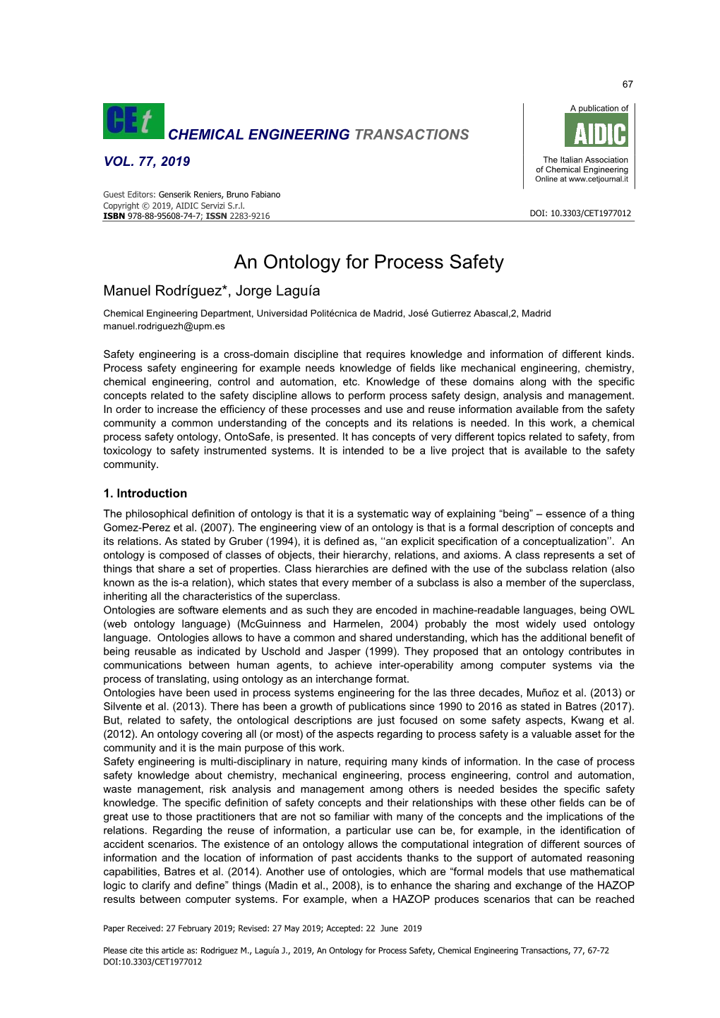 An Ontology for Process Safety