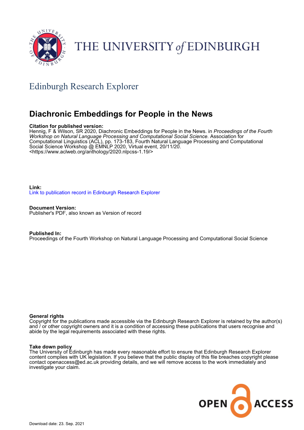 Diachronic Embeddings for People in the News Citation for Published Version: Hennig, F & Wilson, SR 2020, Diachronic Embeddings for People in the News