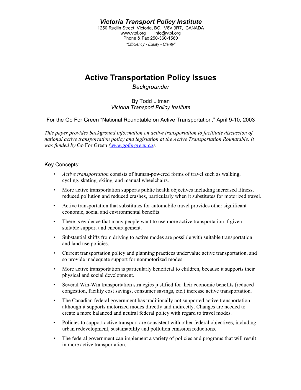Active Transportation Policy Issues Backgrounder