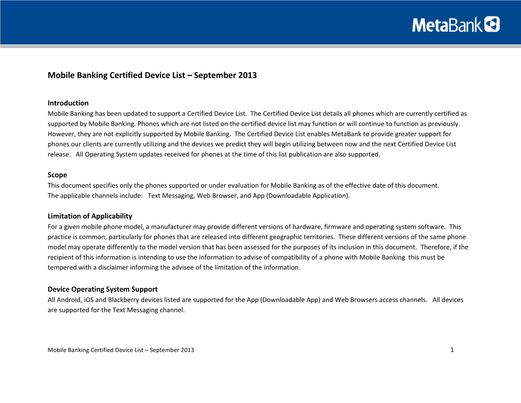 Mobile Banking Certified Device List – September 2013