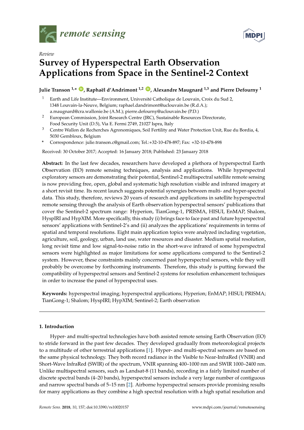 Survey of Hyperspectral Earth Observation Applications from Space in the Sentinel-2 Context