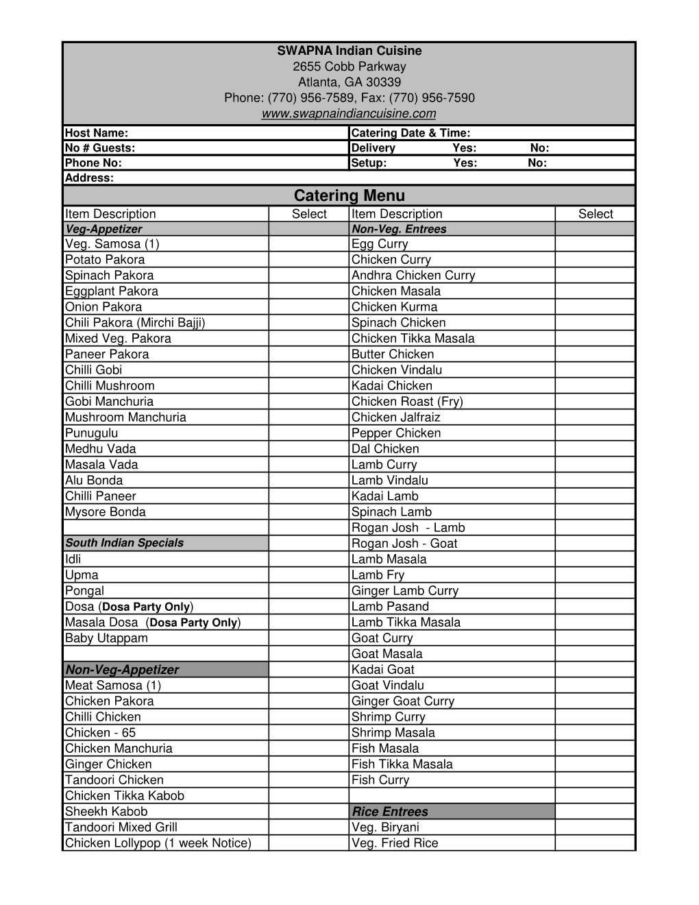 Catering Menu Item Description Select Item Description Select Veg-Appetizer Non-Veg