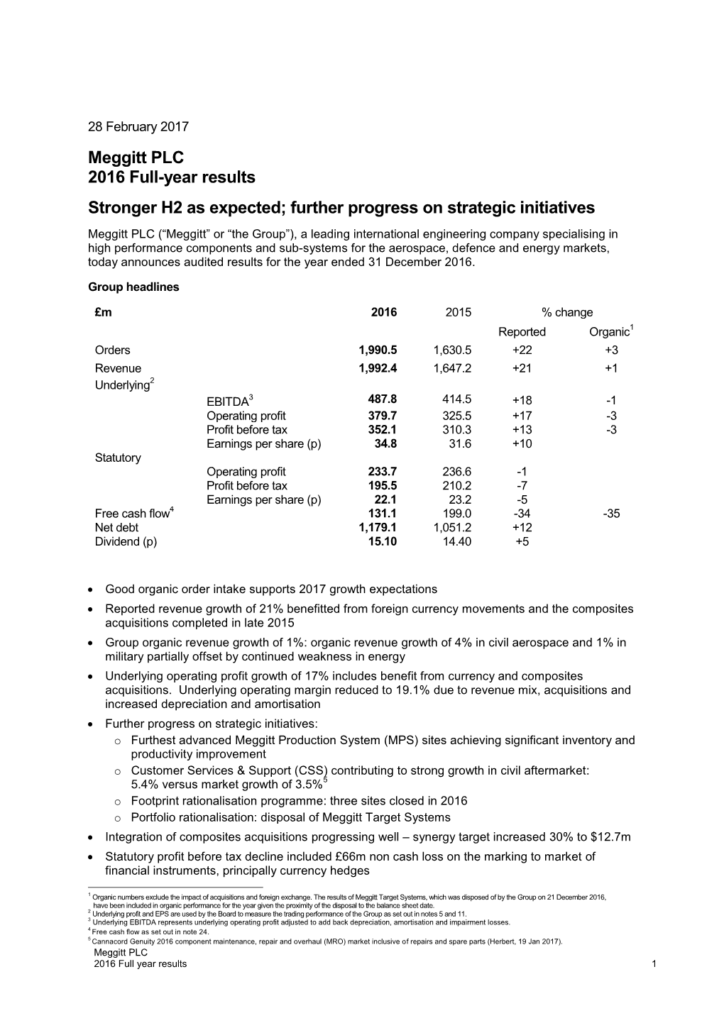 Meggitt PLC 2016 Full-Year Results Stronger H2 As Expected
