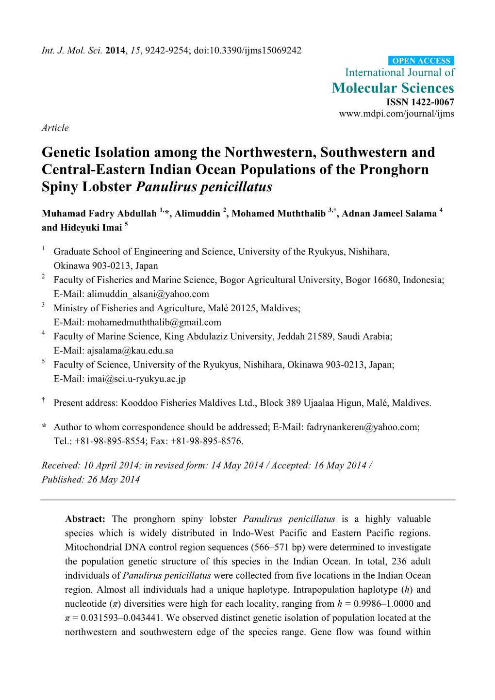 Genetic Isolation Among the Northwestern, Southwestern and Central-Eastern Indian Ocean Populations of the Pronghorn Spiny Lobster Panulirus Penicillatus