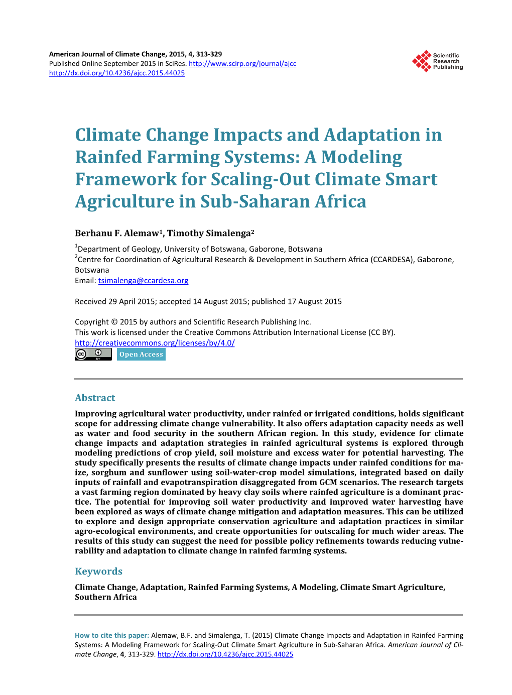 Climate Change Impacts and Adaptation in Rainfed Farming Systems: a Modeling Framework for Scaling-Out Climate Smart Agriculture in Sub-Saharan Africa