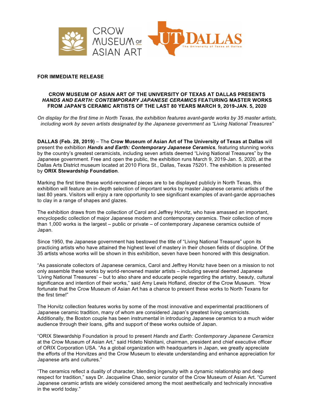 For Immediate Release Crow Museum of Asian Art of The