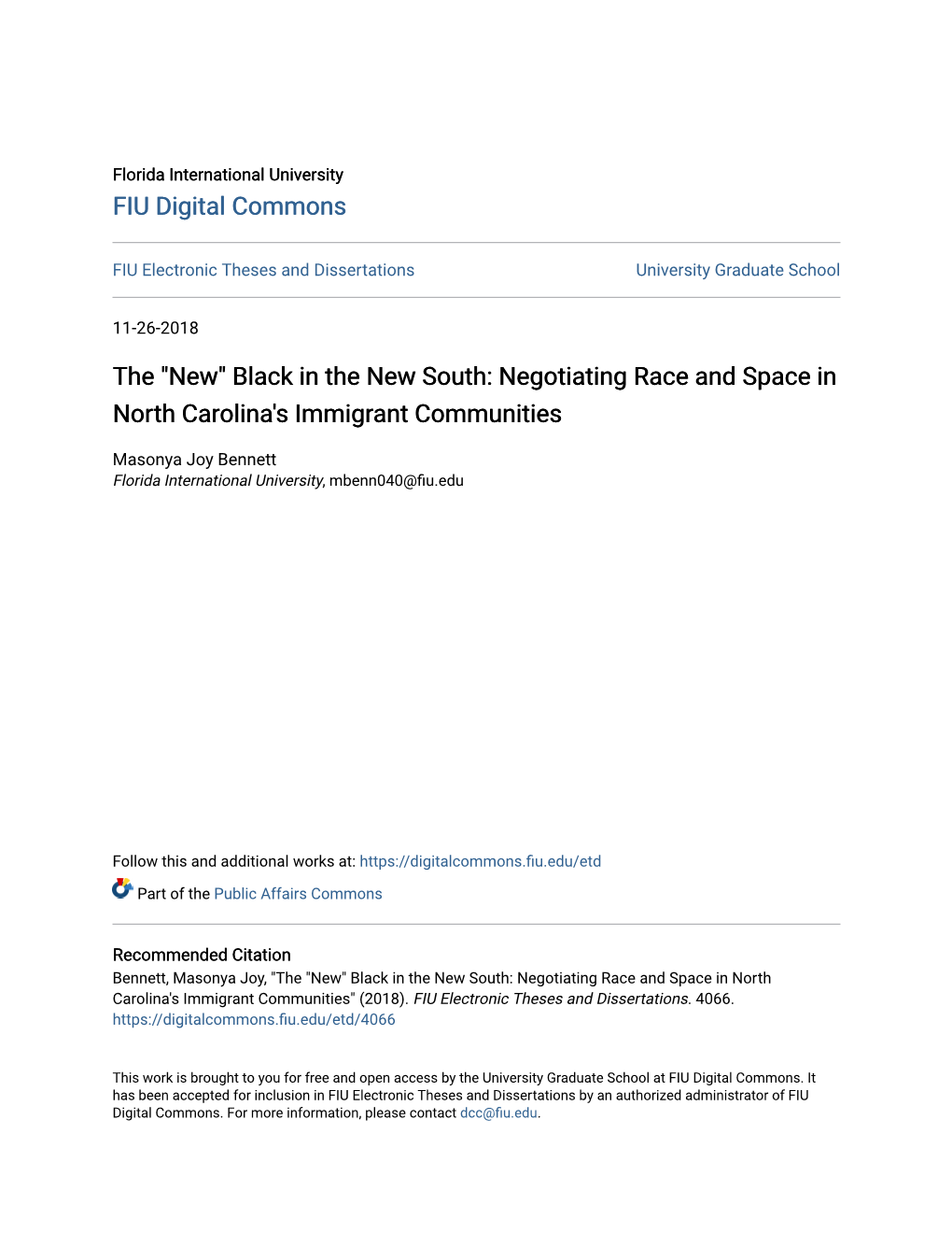 The "New" Black in the New South: Negotiating Race and Space in North Carolina's Immigrant Communities