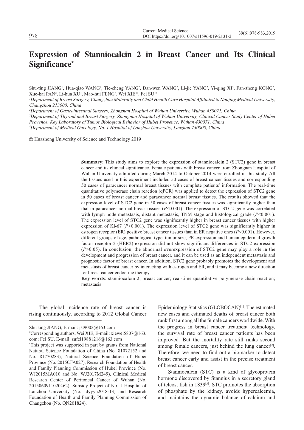 Expression of Stanniocalcin 2 in Breast Cancer and Its Clinical Significance*