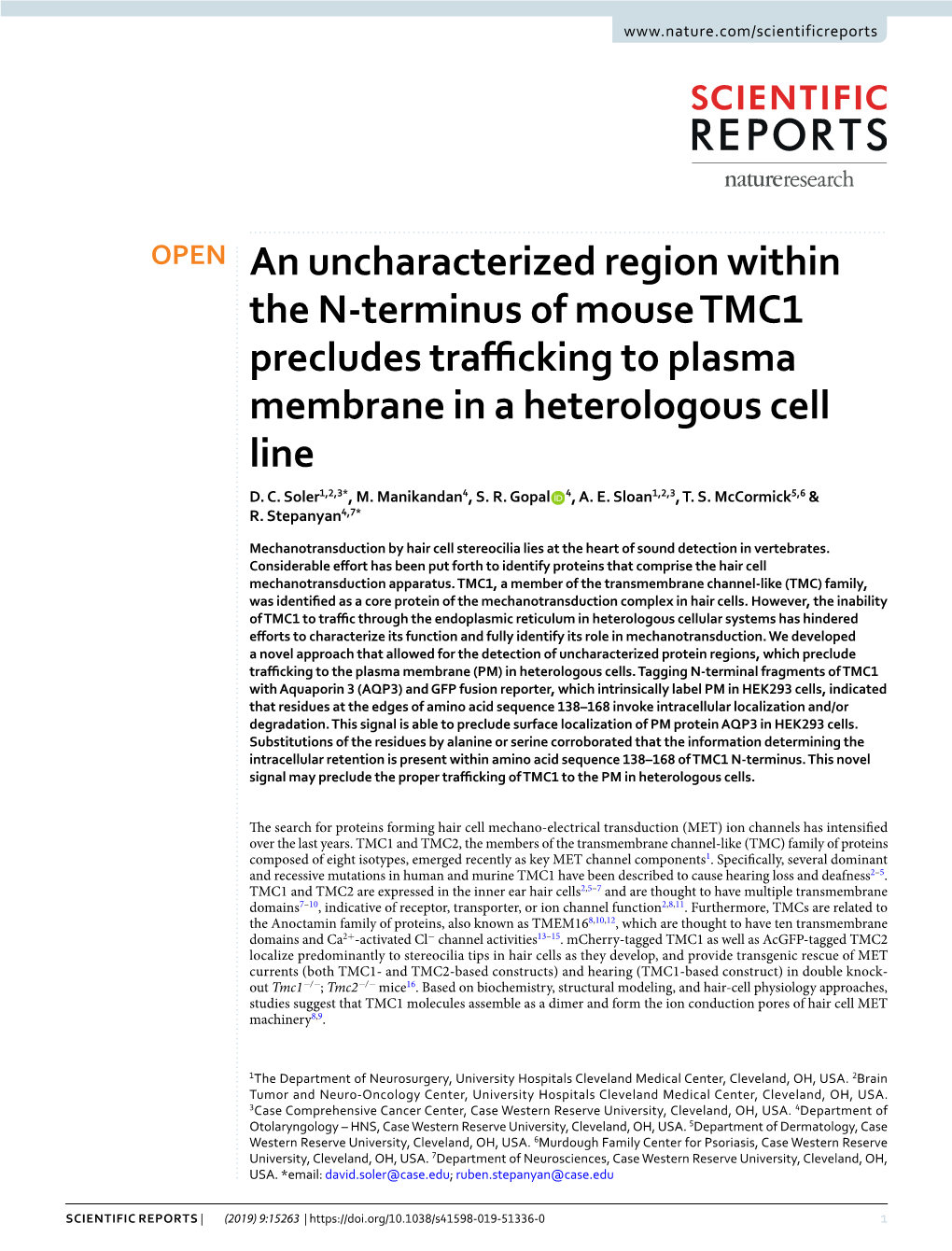 An Uncharacterized Region Within the N-Terminus of Mouse TMC1 Precludes Trafcking to Plasma Membrane in a Heterologous Cell Line D