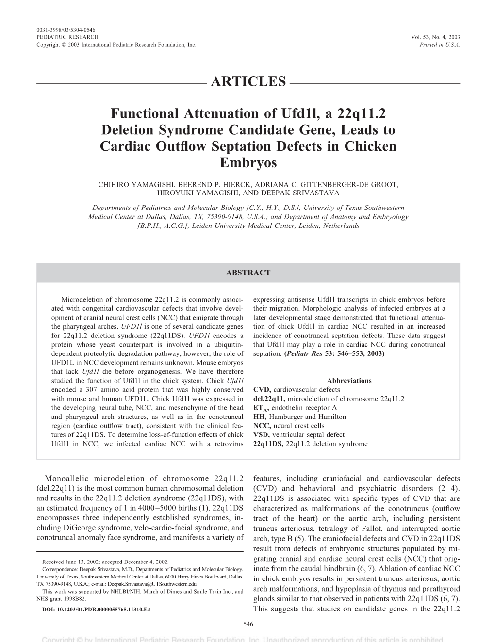 ARTICLES Functional Attenuation of Ufd1l, a 22Q11.2 Deletion