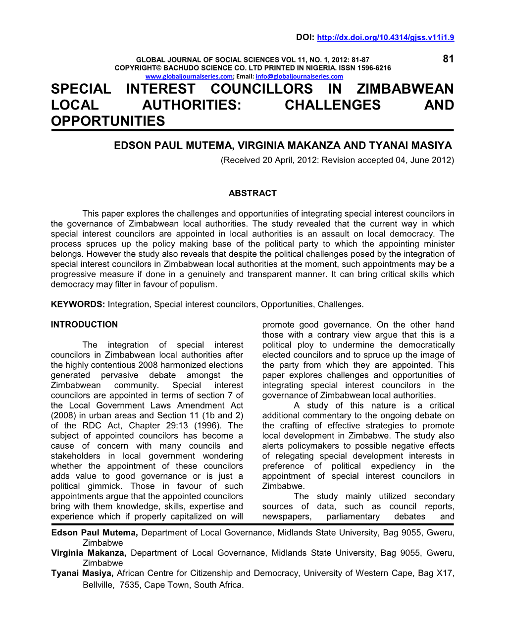 Special Interest Councillors in Zimbabwean Local Authorities: Challenges and Opportunities