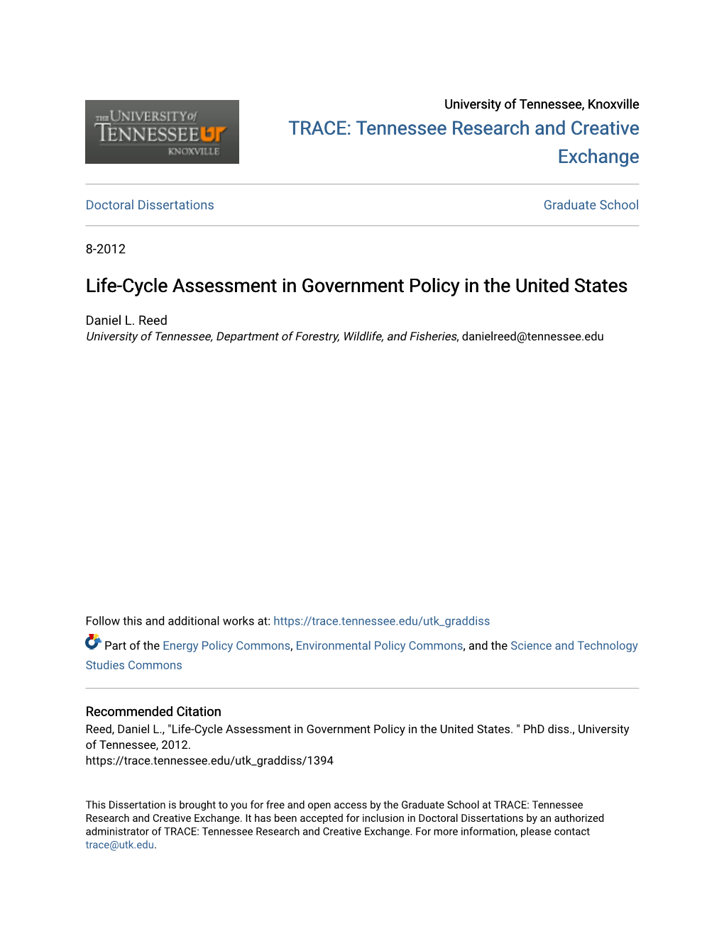 Life-Cycle Assessment in Government Policy in the United States