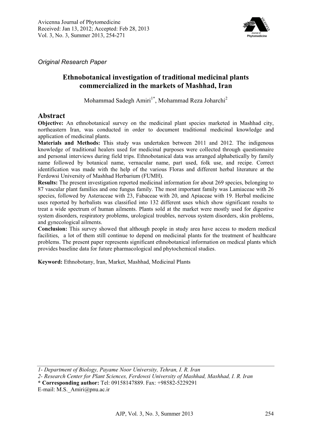 Ethnobotanical Investigation of Traditional Medicinal Plants Commercialized in the Markets of Mashhad, Iran