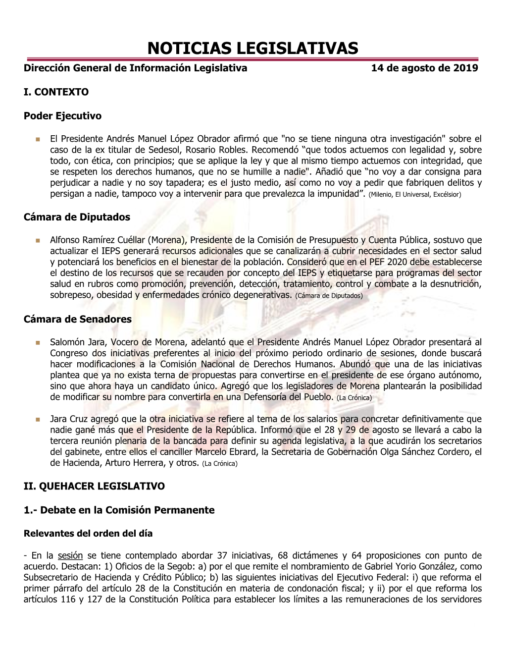 NOTICIAS LEGISLATIVAS Dirección General De Información Legislativa 14 De Agosto De 2019