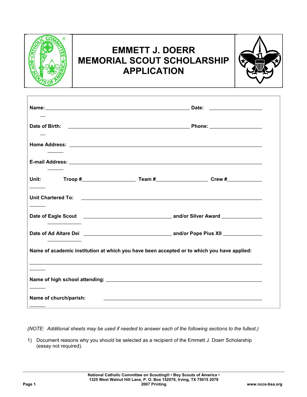 Emmett J. Doerr Memorial Scout Scholarship Application