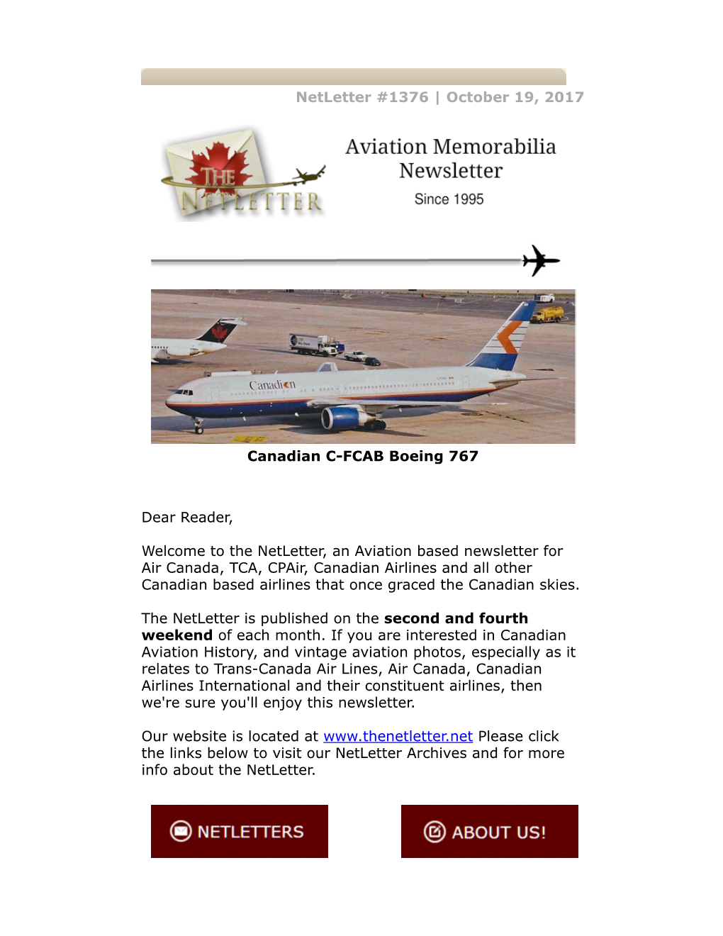 Netletter #1376 | October 19, 2017 Canadian C-FCAB Boeing 767