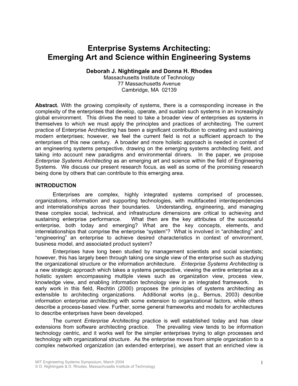 Enterprise Systems Architecting: Emerging Art and Science Within Engineering Systems