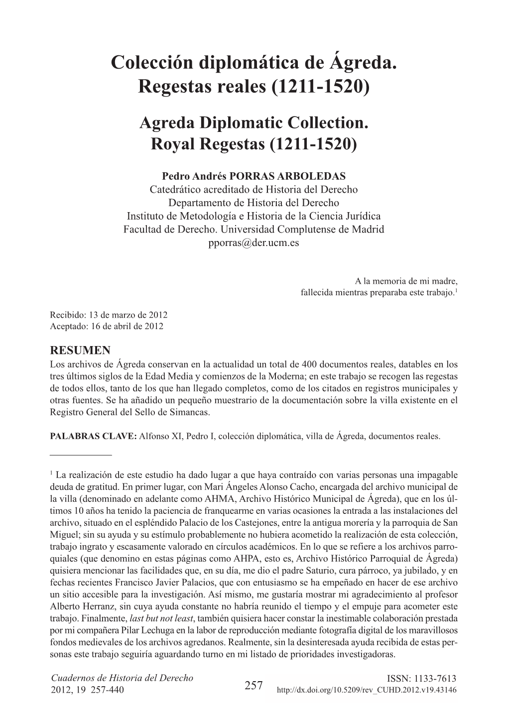 Colección Diplomática De Ágreda. Regestas Reales (1211-1520) Agreda Diplomatic Collection