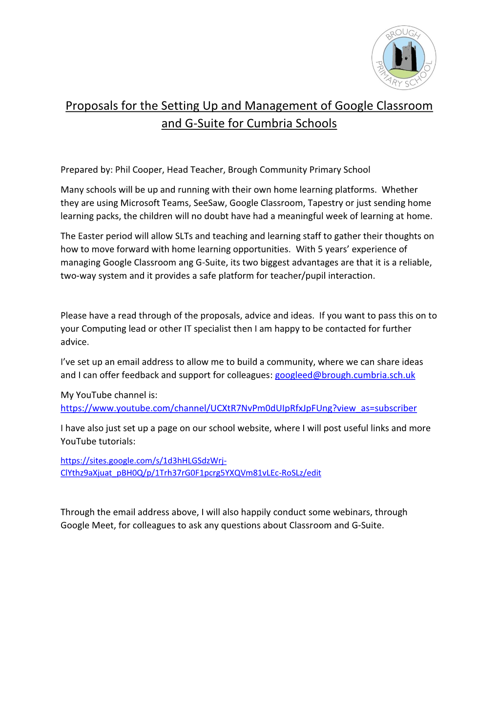 Proposals for the Setting up and Management of Google Classroom and G-Suite for Cumbria Schools