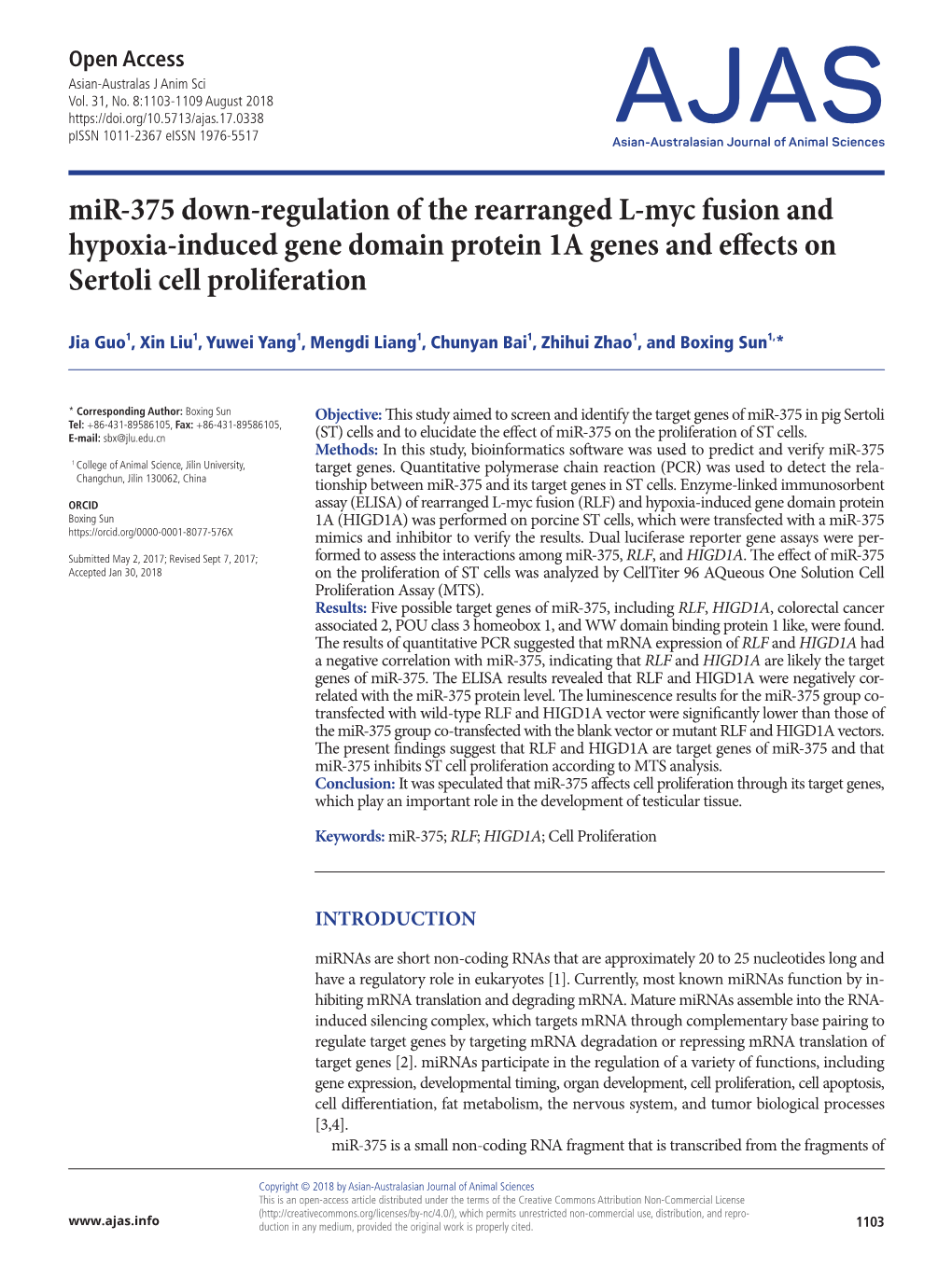 Mir-375 Down-Regulation of the Rearranged L-Myc Fusion and Hypoxia-Induced Gene Domain Protein 1A Genes and Effects on Sertoli Cell Proliferation