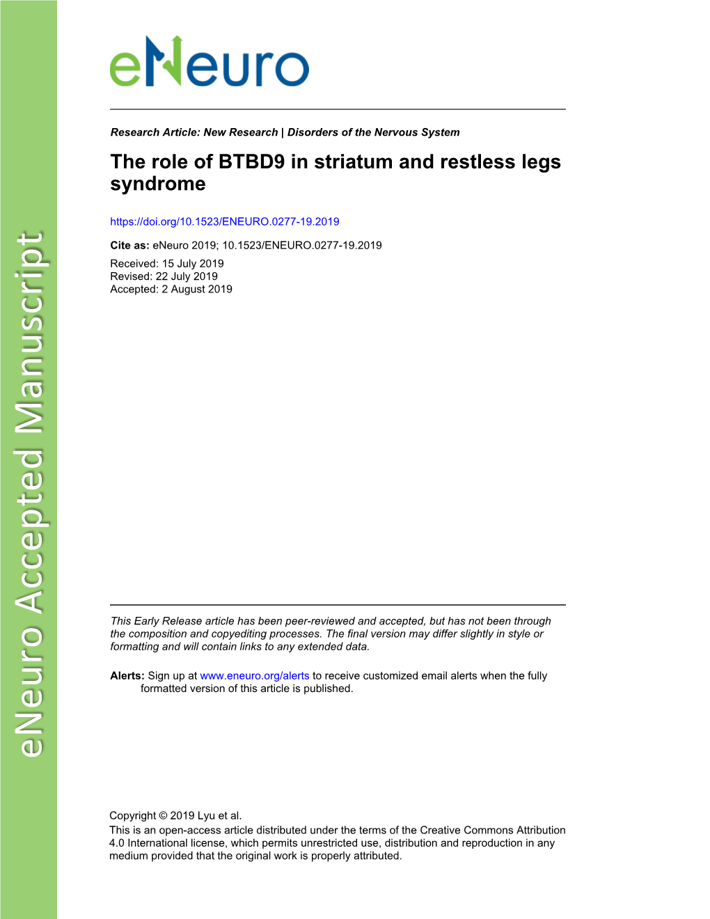 The Role of BTBD9 in Striatum and Restless Legs Syndrome