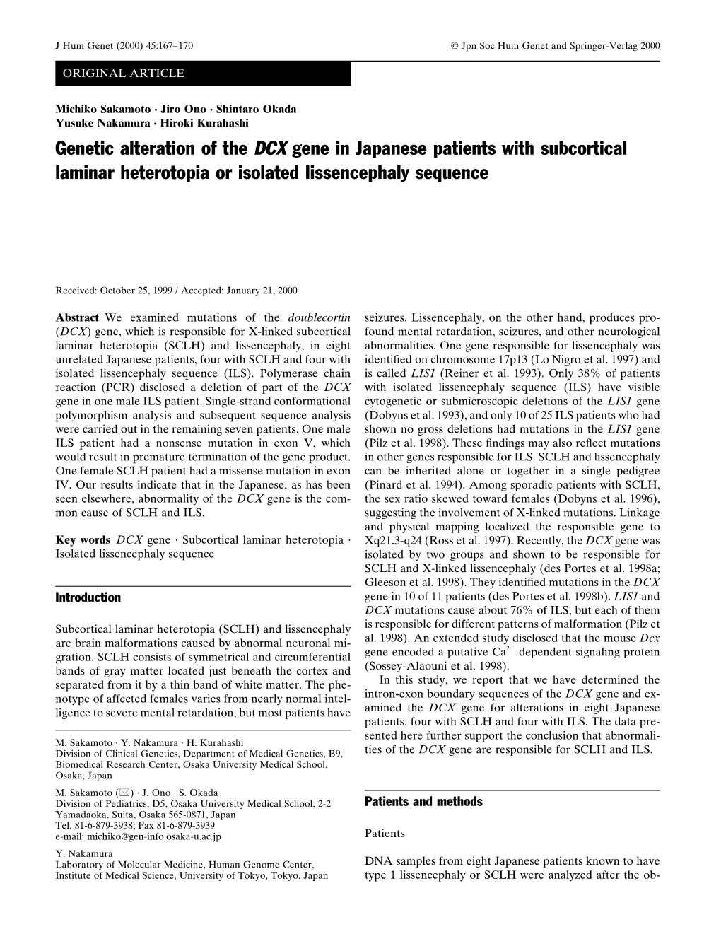 Genetic Alteration of the DCX Gene in Japanese Patients with Subcortical Laminar Heterotopia Or Isolated Lissencephaly Sequence